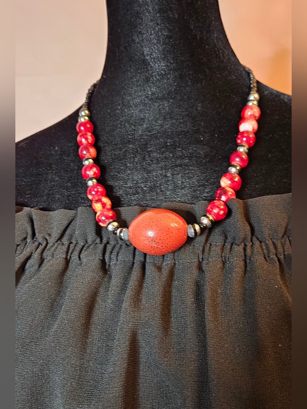 Red Mottled Agate & Hematite Bead Statement Necklace | Screw Clasp